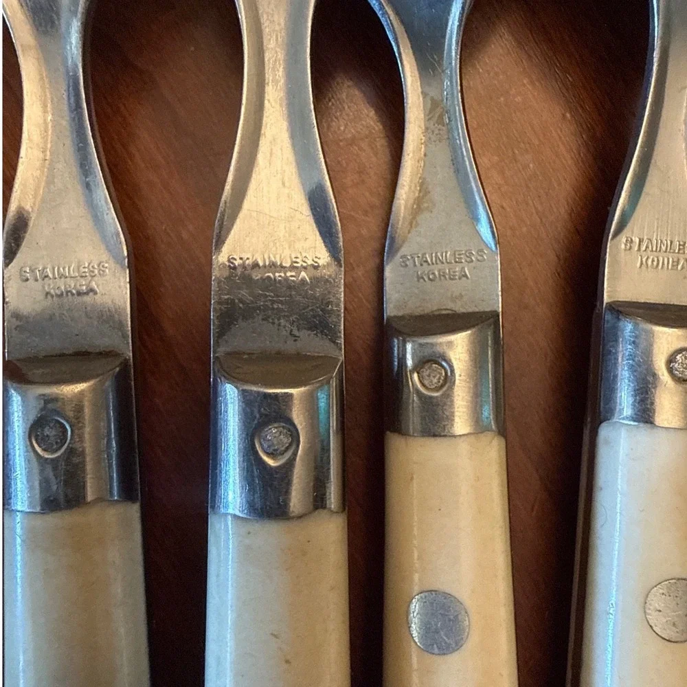 Mardi Gras Korea Stainless silverware 2‎ sets w 4 pieces ea ivory midcentury vtg